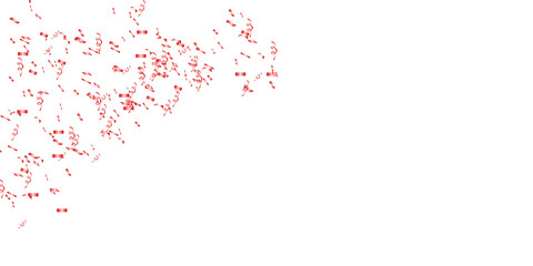Red confetti and streamers drift elegantly across the top of a white background, suggesting a...
