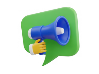 Hand holding blue megaphone isolated on transparent background