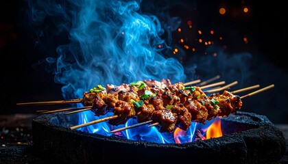Cinematic scene of satay skewers being grilled over bright blue flames at night, smoke rising, fire reflections on the meat, dark background, dramatic contrast, ultra-detailed, moody lighting.