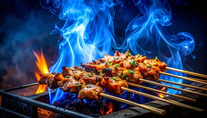 Cinematic scene of satay skewers being grilled over bright blue flames at night, smoke rising, fire reflections on the meat, dark background, dramatic contrast, ultra-detailed, moody lighting.