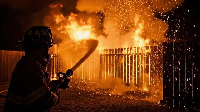 Brave Firefighter Battling Intense Flames at Night During Emergency Response