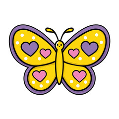Cartoon butterfly with yellow wings, purple edges, and hearts on a black background