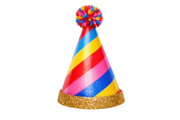 Striped party hat with colorful pompom and golden glitter brim foregrounding celebration and fun