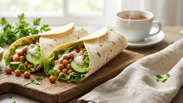 Fresh vegetarian chickpea wraps with cucumber, lettuce and creamy sauce on a rustic wooden board