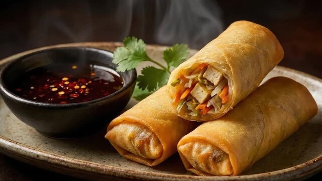 Steaming Crispy Vegetable and Tofu Spring Rolls with Spicy Chili Dipping Sauce on Rustic Plate