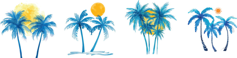 Watercolor set abstraction of blue palm trees and sun in watercolor. Hand drawn. Isolated on white background