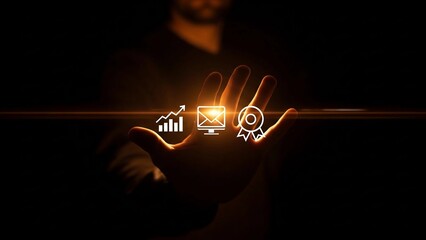 A glowing hand in darkness interacting with digital icons representing business growth, communication, and quality achievement.