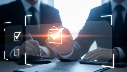 Businessmen interacting with a futuristic interface showing completed tasks and successful verification.