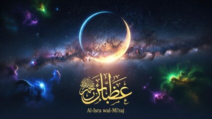 Obraz premium Crescent Moon with Arabic Calligraphy Night Sky.