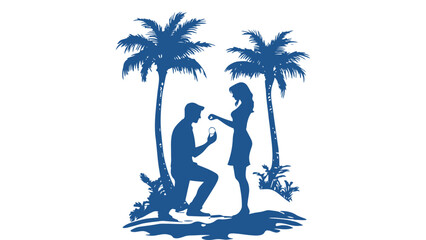 A romantic proposal scene on a tropical beach at sunset