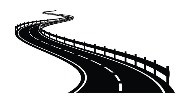 a winding road with a guardrail disappearing into the distance presented as a stark black and white silhouette