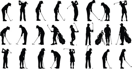 Obraz premium Golfers silhouette vector collection showing men and women playing golf, swinging clubs, putting, and carrying bags in multiple action poses isolated on white background