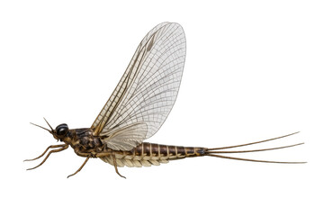 Mayfly with transparent wings and slender body, ephemeroptera insect close-up, entomology concept