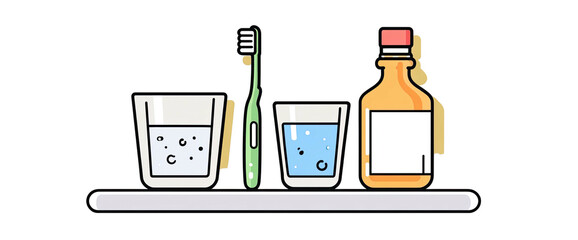 A cartoon illustration of dental care items including toothbrush, mouthwash, and two glasses