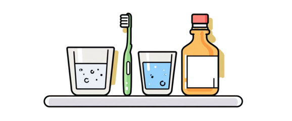 A cartoon illustration of dental care items including toothbrush, mouthwash, and two glasses