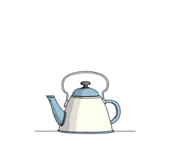 A cartoon teapot in a white and blue color scheme with steam rising from its spout