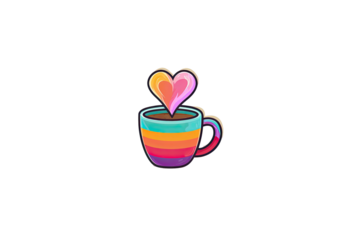A colorful mug, rainbow-striped, holding hot beverage with a floating heart above