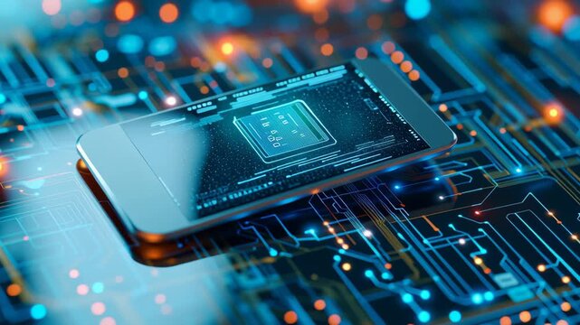 Smartphone digital circuit board glowing interface technology microchip electronic device