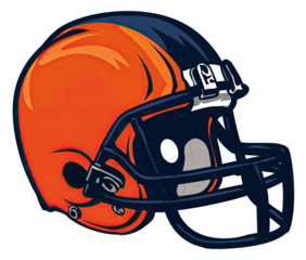 Graphic of a football helmet colored in orange and navy blue, showing a side view