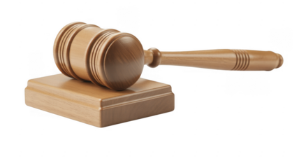 Wooden gavel on a sound block judge court isolated on a transparent background