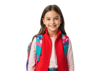 Happy young girl with colorful backpack and red vest smiling at camera isolated on transparent background