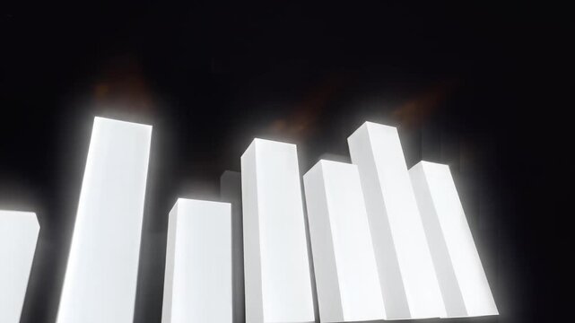 Illuminated abstract bars rise and fall against dark background, symbolizing growth and fluctuation.