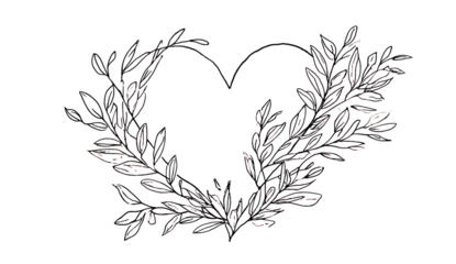 A stylized heart shape formed by leaves on a black background, speckled with colored dots
