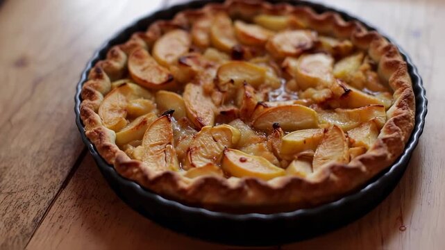 Baked apple dessert in a dark round pan on a wooden surface, with a crust and caramelized fruit