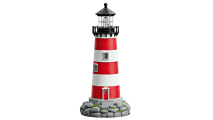 Red and White Striped Lighthouse Model with Rocky Base