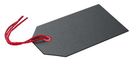 A simple, dark-gray rectangular price tag with a red string loop