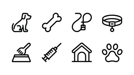 Obraz premium Clean outline vector icon set for dog and pet care. Simple graphics representing animals, veterinary services, and pet ownership.