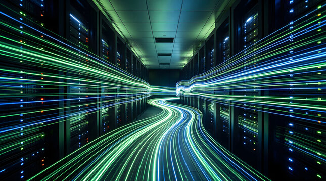 Energetic Flow of Green & Blue Light Streams in Abstract Data Center, Visualizing Digital Data Transfer, AI, Cloud Computing, and Energy-Efficient Enterprise Technology