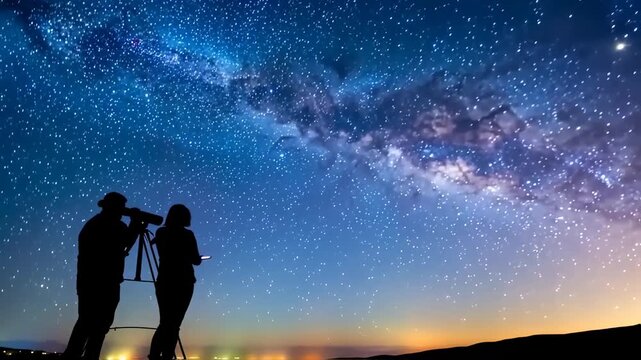 Two silhouetted figures gaze at the vibrant Milky Way through a telescope against a starry night sky