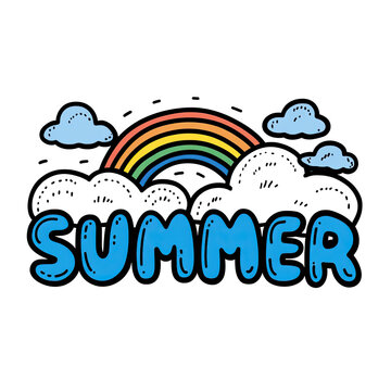 Bold, cartoon-style illustration of "SUMMER" text under clouds and a rainbow on black background