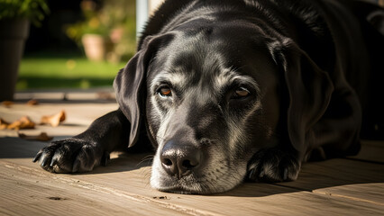 Close up portrait of a senior black labrador retriever with gray fur around its muzzle resting on a wooden deck