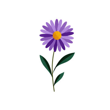 A simple, digital illustration of a purple daisy with a yellow center and green stem