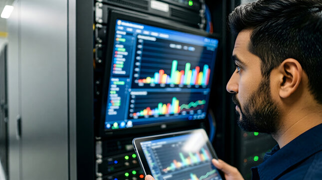 Focused South Asian Engineer Monitoring Enterprise Power Distribution Unit (PDU) in a Modern Data Center. Professional overseeing critical infrastructure, technology management, and operational effici