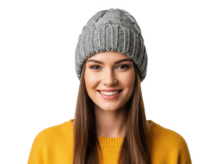 Smiling young woman wearing a cozy knit beanie and yellow sweater isolated on transparent background
