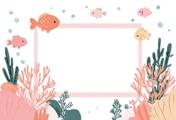 Colorful underwater scene, featuring frame, fish, coral, plants, and bubbles on a black background