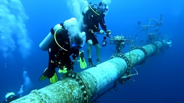 Two divers swim around a large underwater pipeline, ascending bubbles visible in deep blue water