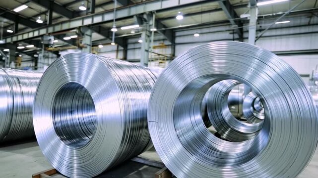 Industrial interior view, showcasing massive metal coils in a warehouse setting, close-up details