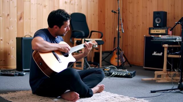 A barefoot musician sits cross-legged, playing an acoustic guitar in a soundproofed room with equipment