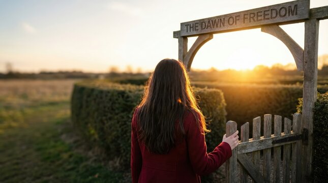 woman decide entrance dark maze concept. A person gazes at a sunset through a decorative gate.