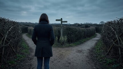 woman decide entrance dark maze concept. Person standing at a crossroads in a maze under a moody sky.