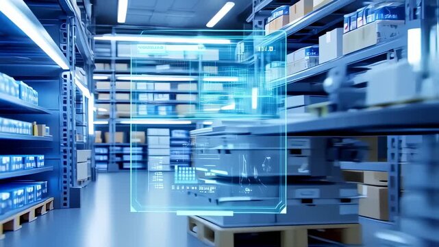 Interior warehouse view. Boxes line shelves with a digital interface overlaid. A robotic delivery system is visible