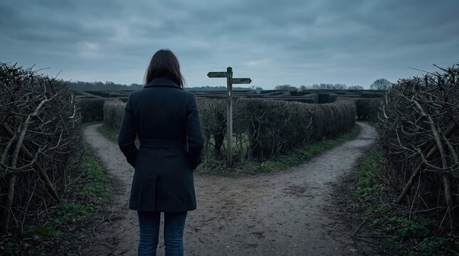 woman decide entrance dark maze concept. Person standing at a crossroads in a maze under a moody sky.