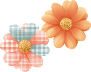 Charming digital floral arrangement two stylized blooms, with pastel gingham and solid colors