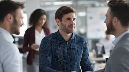 Business Deal: A moment of camaraderie as a deal is sealed with a firm handshake, with other members in the modern office.