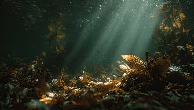 Submerged scene sunlight streams through murky water, illuminating sea plants