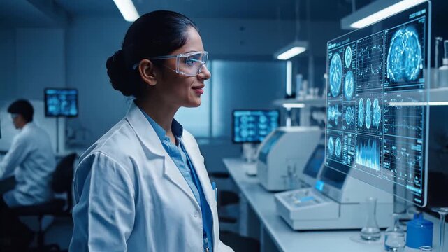 Scientist Interacts with Futuristic Holographic Brain Scan Display in Advanced Lab